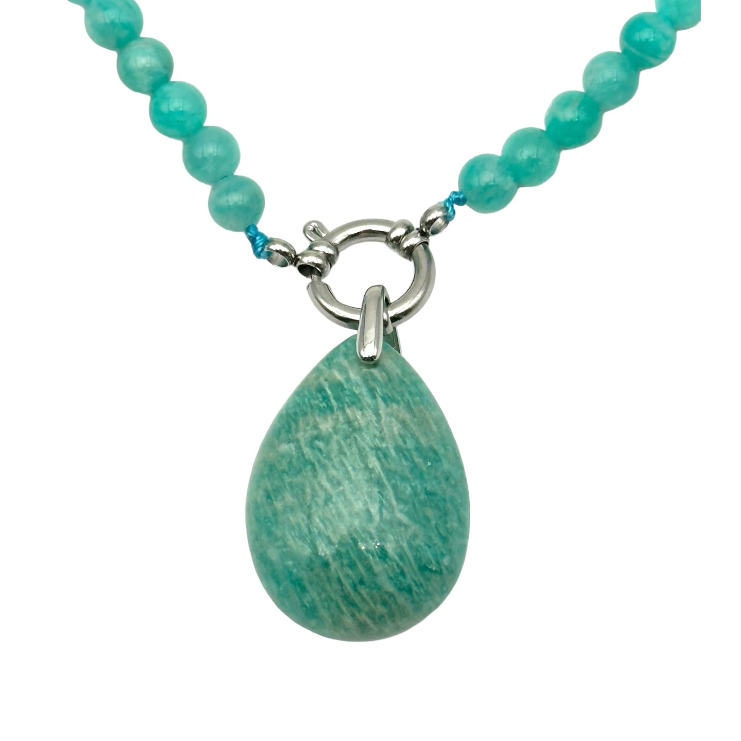 Collier boule en Amazonite du Perou A attache bouée en acier argenté avec pendentif