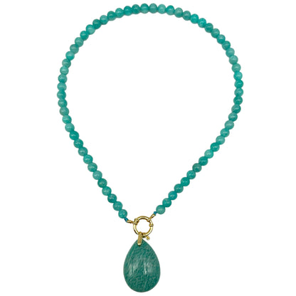 Collier boule en Amazonite du Perou A attache bouée en acier doré avec pendentif