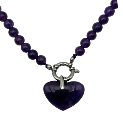 Collier boule en amethyste attache bouée en acier argenté avec pendentif coeur