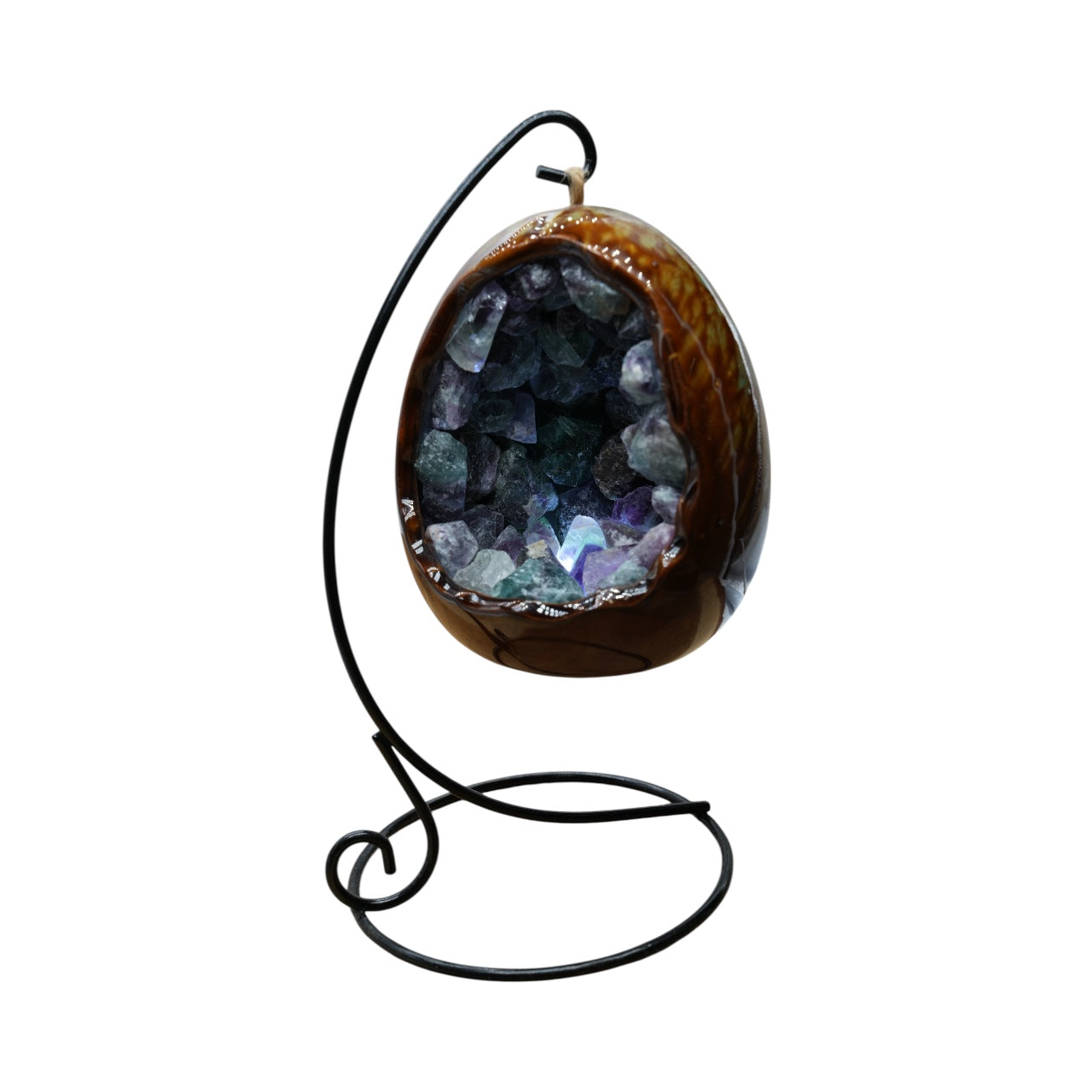 Lampe en oeuf en Fluorine multicolore & en céramique avec support noir inclus.