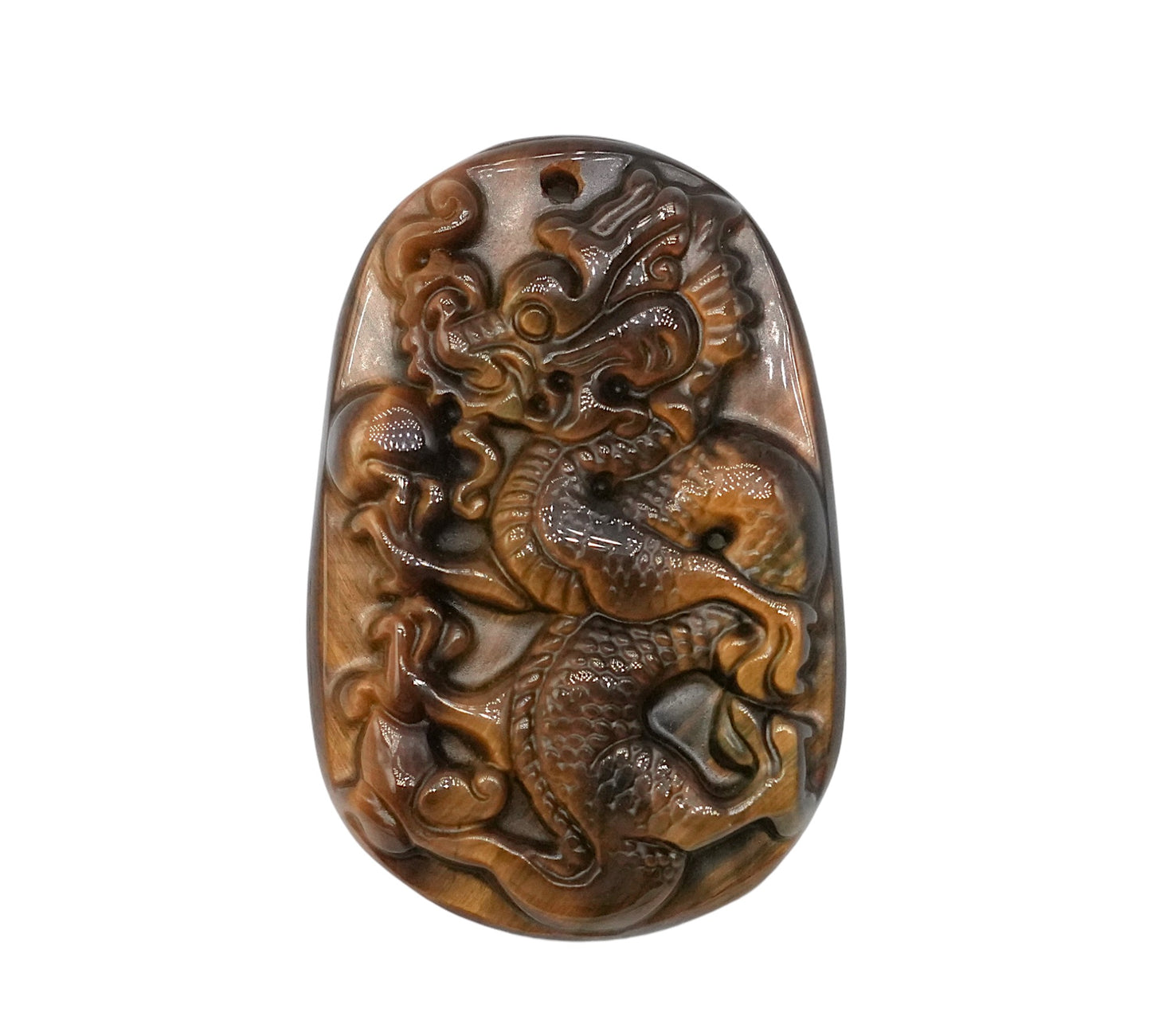 Pendentif plat dragon oeil de tigre 4,5 x 2,8 x 0,9 cm percé devant (modèle 8)