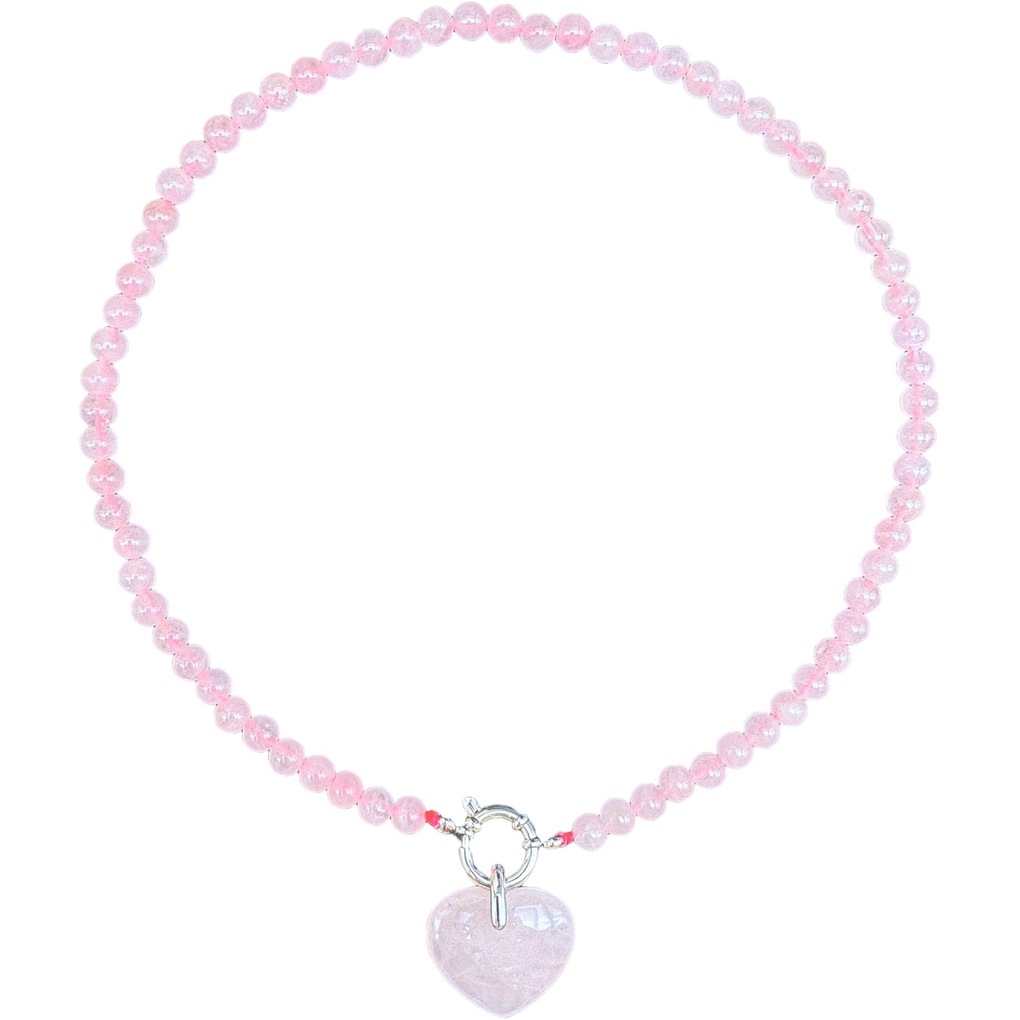 Collier en Quartz rose attache bouée en acier avec pendentif coeur