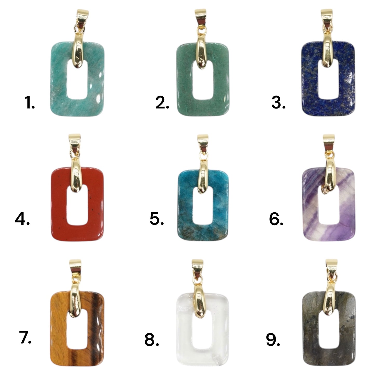 Pendentif rectangulaire arrondie 15x20 mm — Bélière dorée ou argentée (11 pierres disponible)