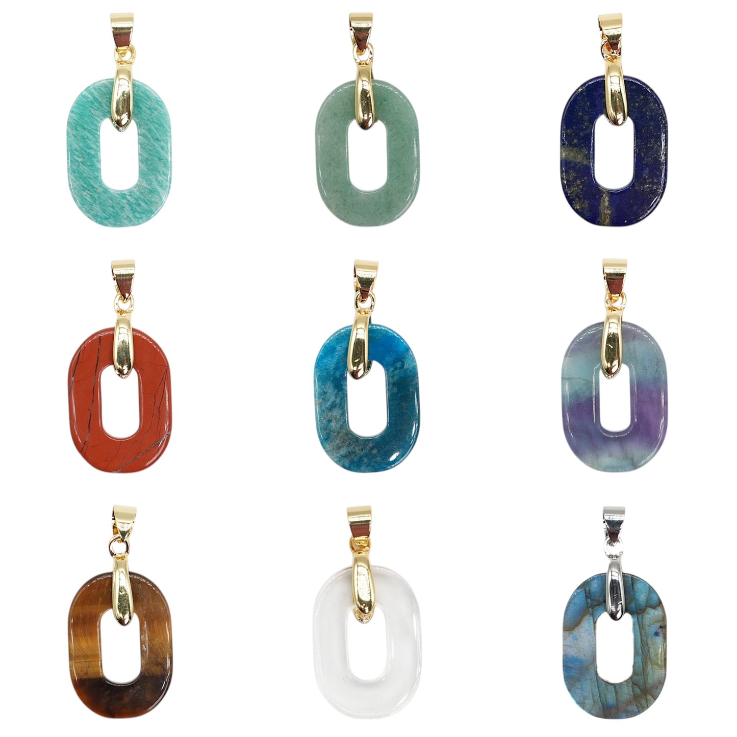 Pendentif ovale 18x25 mm — Bélière dorée ou argentée (11 pierres disponible)