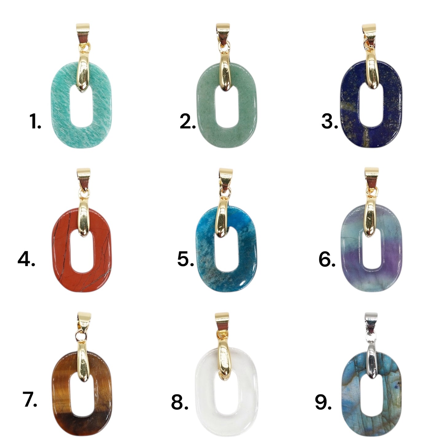 Pendentif ovale 18x25 mm — Bélière dorée ou argentée (11 pierres disponible)