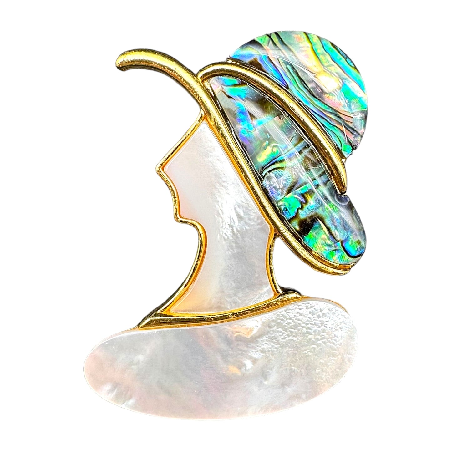 Broche dame à chapeau coquille d’ormeau