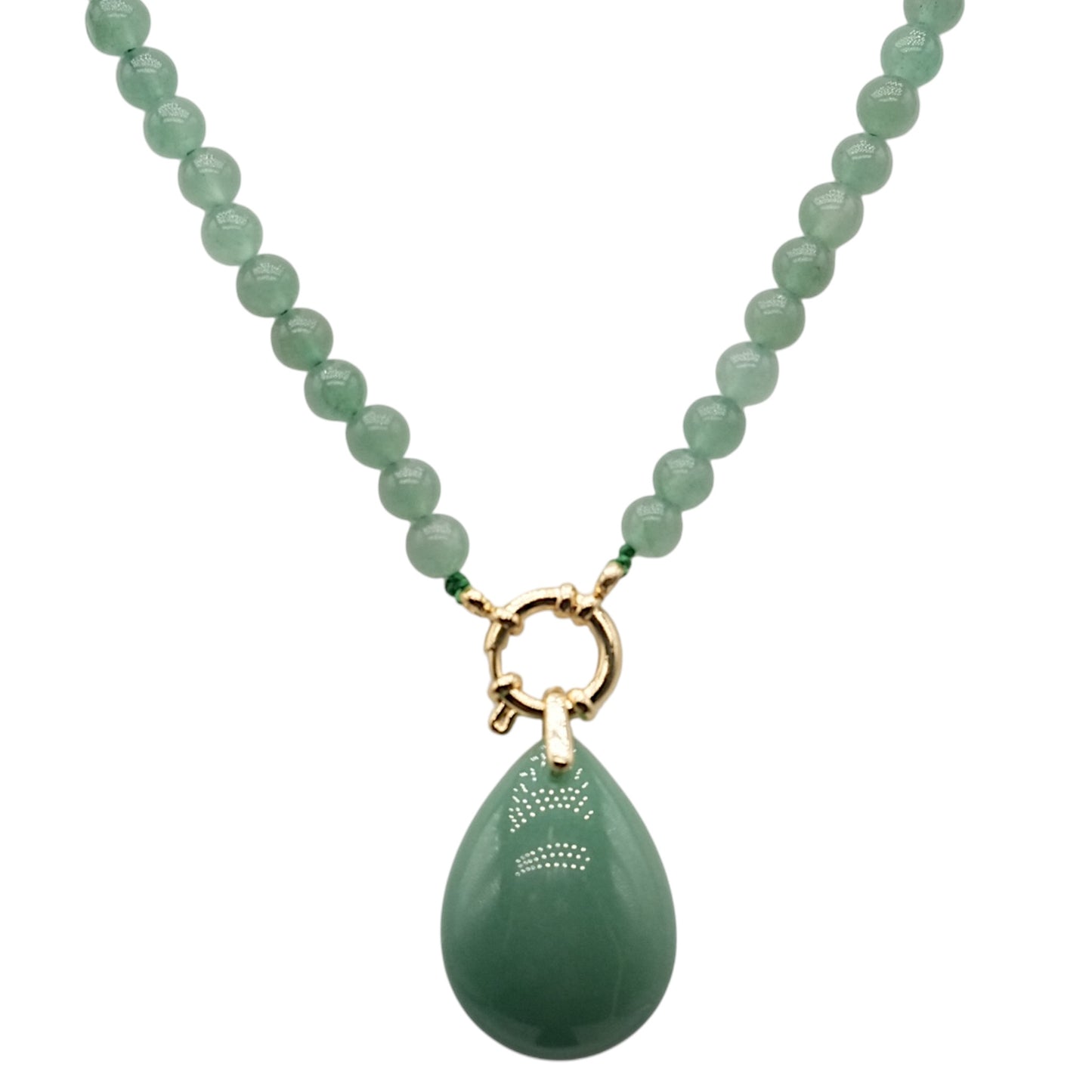 Collier boule en Aventurine verte attache bouée en acier doré avec pendentif