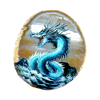 Plaque en Agate Botswana avec imprimé dragon bleu