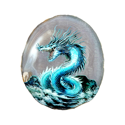 Plaque en Agate Botswana avec imprimé dragon bleu