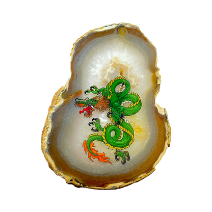 Plaque en Agate Botswana marron avec imprimé dragon vert