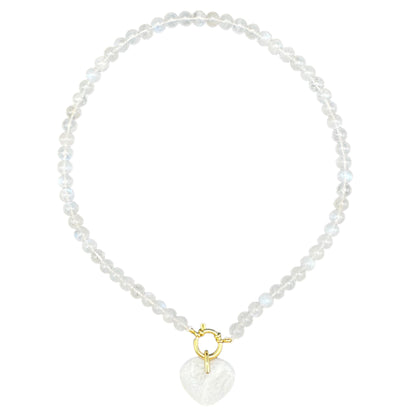 Collier en Pierre de lune bleutée attache bouée en acier doré avec pendentif coeur