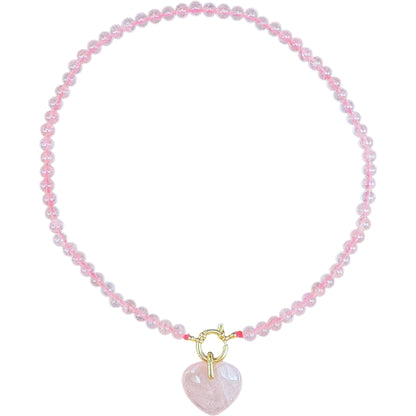 Collier en Quartz rose attache bouée en acier doré avec pendentif coeur