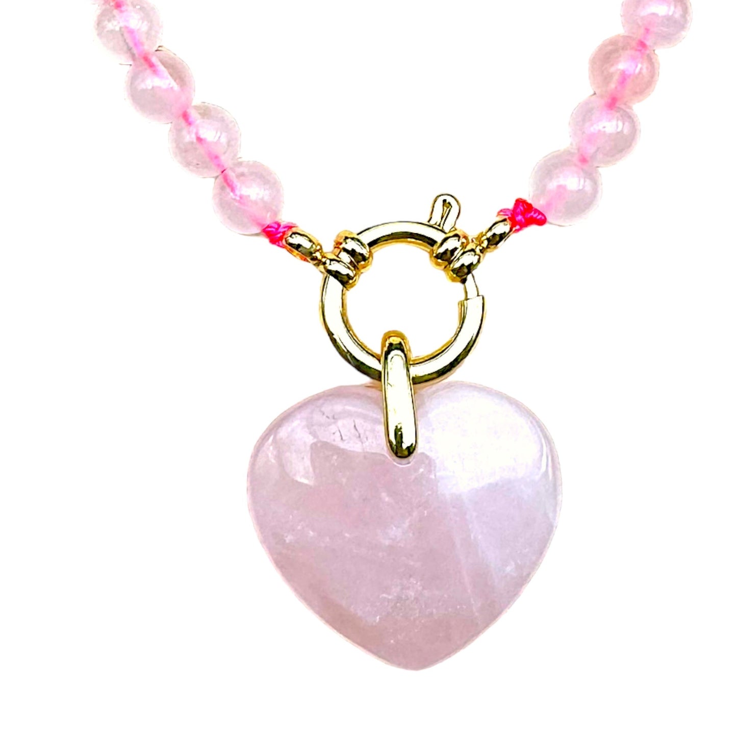 Collier en Quartz rose attache bouée en acier doré avec pendentif coeur