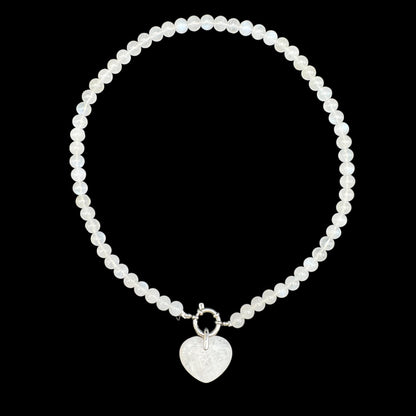 Collier en Pierre de lune bleutée attache bouée en acier argenté avec pendentif coeur