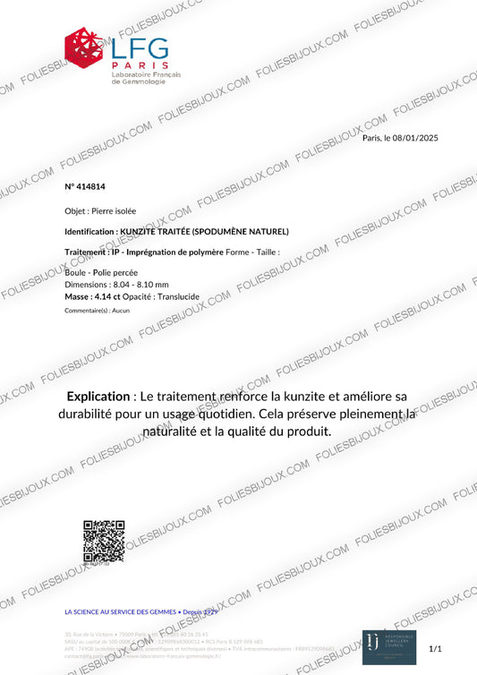 Certificat d'authenticité Kunzite