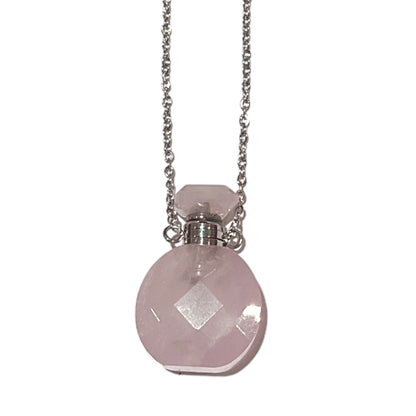 Collier fiole en quartz rose forme ronde pour huile essentielle/parfum