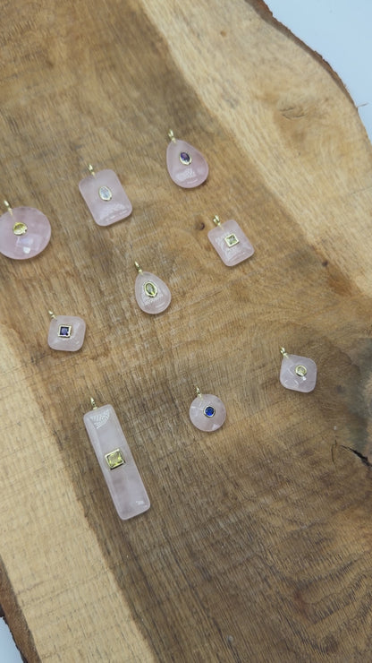 Collier/Pendentif en Quartz rose avec pierre Zircon couleur aléatoire (9 formes disponible)