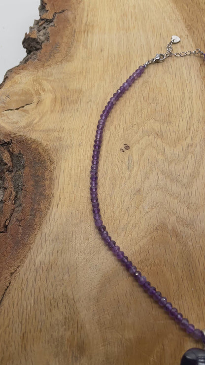 Collier facetté avec pendentif Améthyste forme cœur acier inoxydable argenté