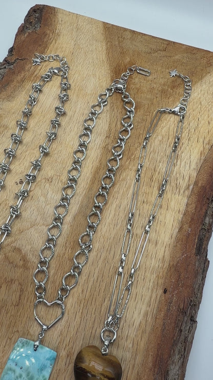 Chaîne de collier en acier inoxydable argenté personnalisable CHA (3 références) (pendentif mousquetons et anneaux connecteurs non inclus)