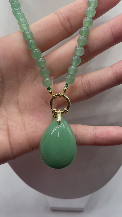 Collier boule en Aventurine verte attache bouée en acier doré avec pendentif