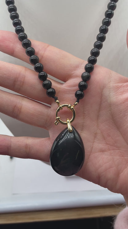 Collier boule en Obsidienne céleste attache bouée en acier doré avec pendentif