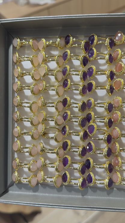 Bague en laiton rhodié & pierre naturelle dorée (Réglable) #4
