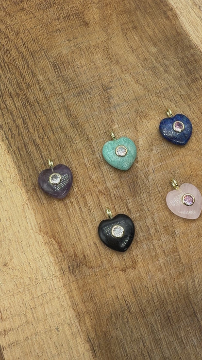 Collier/Pendentif coeur avec Zircon couleur aléatoire (5 pierres disponible)
